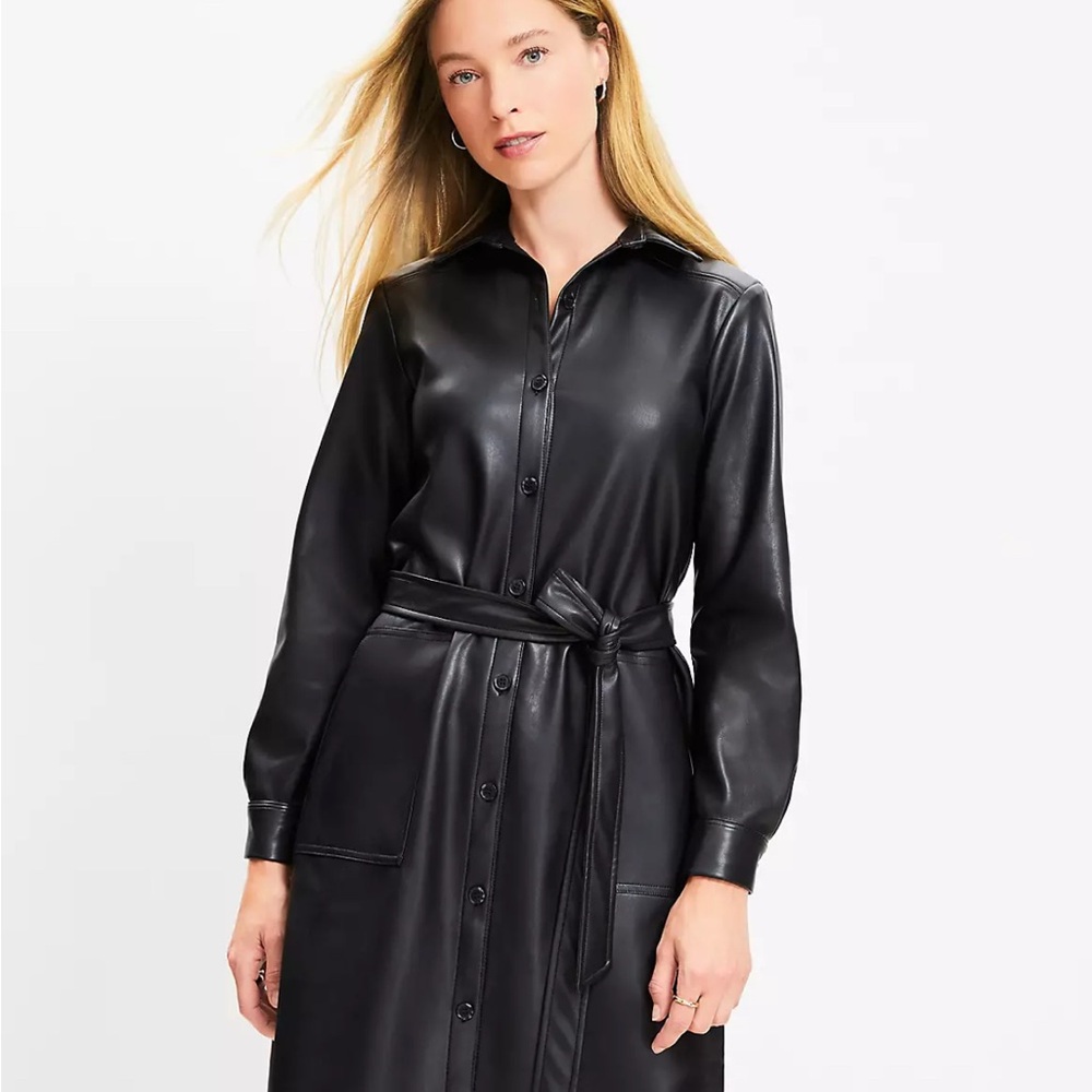 LOFT Black Faux Leather Shirt Dress - Picture 2 of 7
